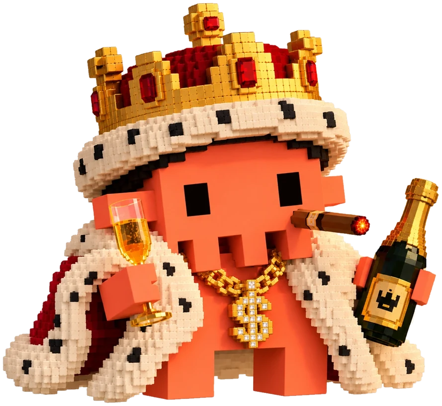 super rich code in a crown and ermine robe, a gold dollar chain, celebrating nothing in particular